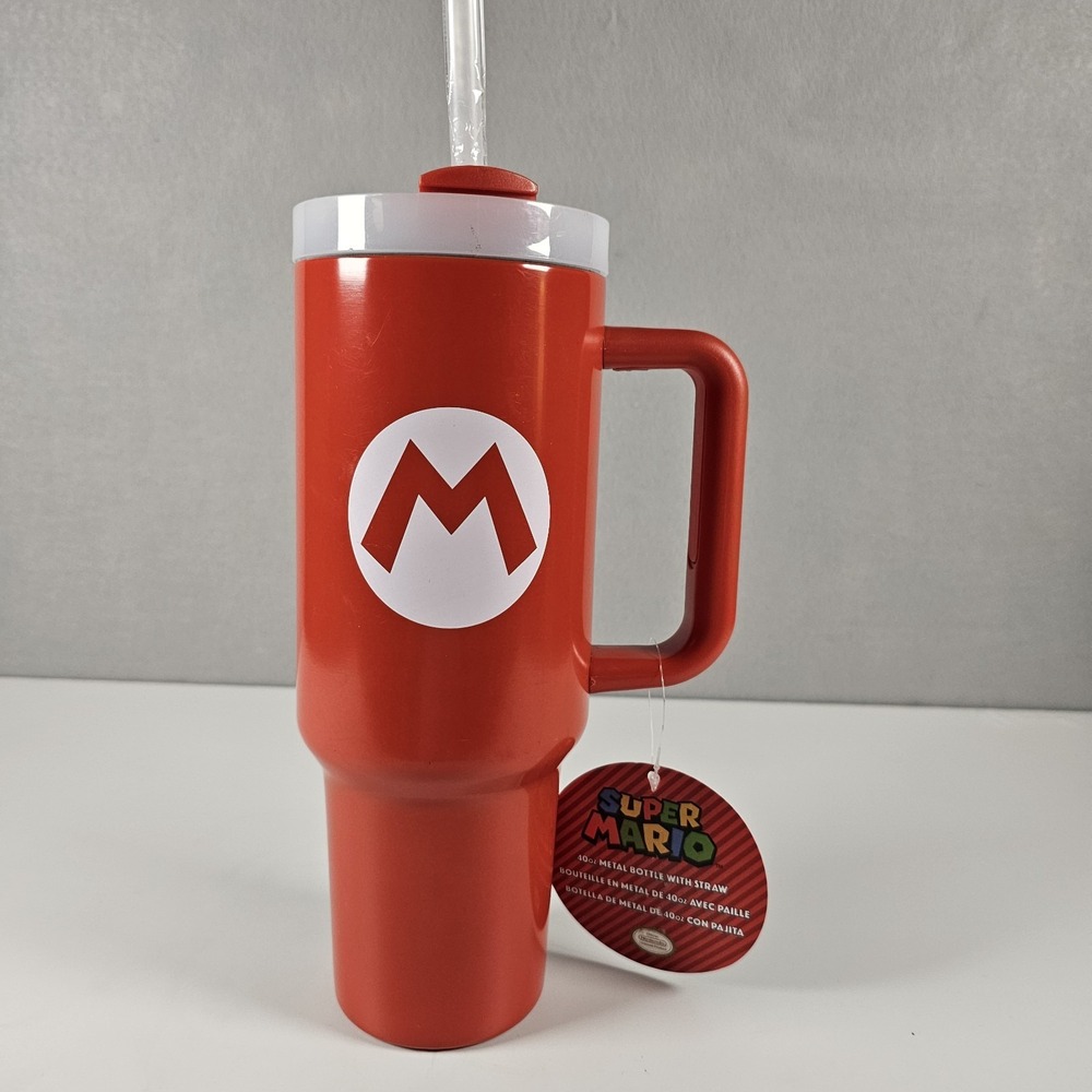 Super Mario Bros Nintendo 40oz Stainless Steel Tumbler Straw Handle Red Pyramid
